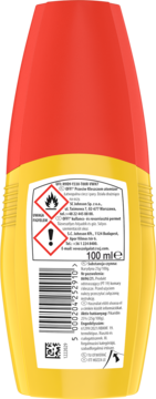 Tył żółtej butelki OFF! Przeciw Kleszczom 100ml z czerwoną nasadką, widoczne etykiety z ostrzeżeniami.