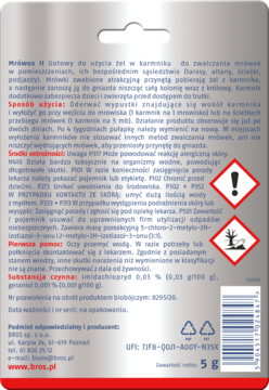 Tył opakowania żelu BROS na mrówki, srebrna saszetka 5g z polskimi instrukcjami, kodem kreskowym i ikonami ostrzegawczymi.