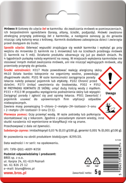 Tył opakowania Mrówex ZP, żelu owadobójczego na mrówki, biały karton z instrukcją i ostrzeżeniami.