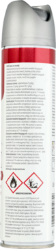 Tył srebrno-czerwonego aerozolu na owady z etykietą, widoczne instrukcje i symbole ostrzegawcze.