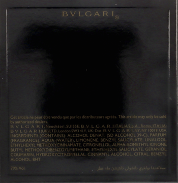 Tylna strona czarnego opakowania perfum Bvlgari Splendida z widocznym złotym logo i listą składników.