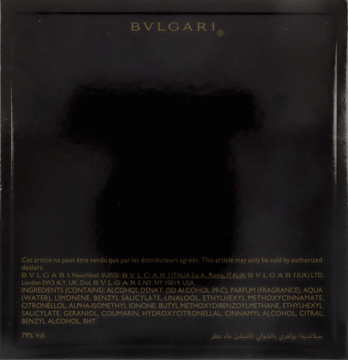 Tył czarnego opakowania perfum Bvlgari Splendida Patchouli Tentation z widocznym logo i składem.