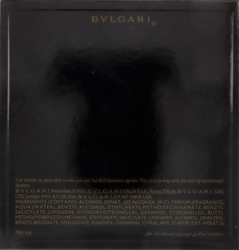 Tył czarnego opakowania perfum Bvlgari Splendida Tuberose Mystique z widocznym tekstem i składnikami.