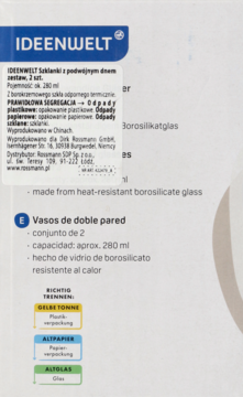 Bok opakowania szklanek IDEENWELT, z opisem produktu i instrukcją segregacji odpadów.