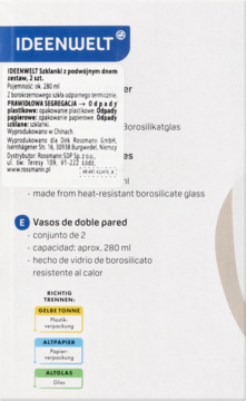 Opakowanie szklanek IDEENWELT 280 ml z podwójnym dnem, 2 szt. Widoczne info o szkle borokrzemowym i recyklingu.