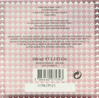 Tył różowego opakowania perfum Jimmy Choo Illicit Flower 100ml z informacjami o składnikach i kodem kreskowym.
