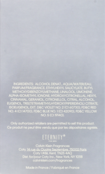 Szary tył opakowania perfum Calvin Klein Eternity, etykieta z listą składników i danymi Coty.