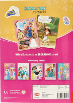 Tył książki z naklejkami Disney Brokatowe Ubieranki, z Moaną i księżniczkami. Różowo-żółte tło, kod kreskowy.