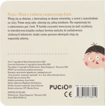 Tył okładki książki dla dzieci "Pucio i Misia z radością rozpoczynają dzień". Widoczny fragment ilustracji dziecka, tekst i kod ISBN.