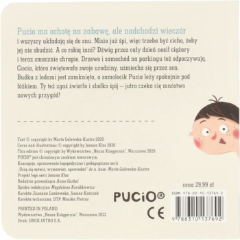 Tył okładki książki dla dzieci Pucio z polskim tekstem, ilustracją chłopca, kodem kreskowym i ceną 29.99 zł.