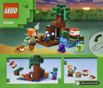 Opakowanie LEGO Minecraft 21240 z budowlą drzewa, minifigurkami Aleksa i zombie, TNT. Widok na świat gry.