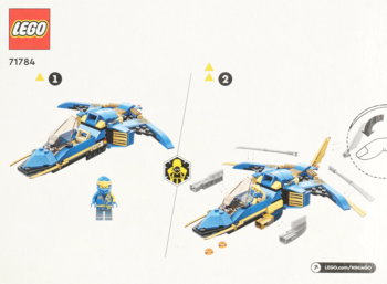 LEGO Odrzutowiec ponaddźwiękowy Jay'a EVO 71784: Niebiesko-złoty odrzutowiec w dwóch trybach, obok minifigurka Jay'a.