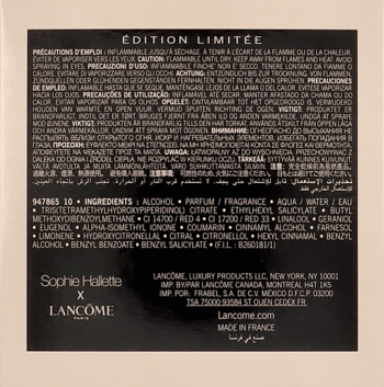 Tył czarnego opakowania limitowanej edycji perfum Lancôme La Nuit Trésor Dentelle, z listą składników.