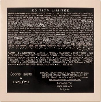 Tył czarnego opakowania perfum Lancôme La Nuit Trésor Dentelle, z listą składników i danymi producenta.