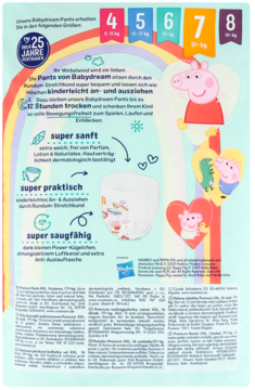 Tył opakowania pieluch Babydream Pants Peppa Pig, z widocznymi rozmiarami 4-8, cechami i tekstem informacyjnym.