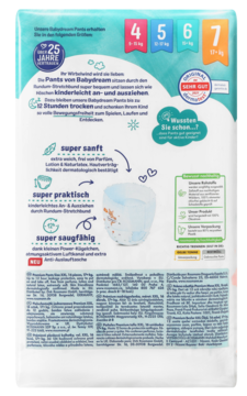 Tył biało-niebieskiego opakowania pieluchomajtek Babydream Pants, z opisem cech i rozmiarami 4-7, tekst po niemiecku.