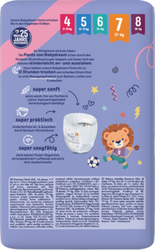Tył fioletowego opakowania pieluchomajtek Babydream Premium, z lwem, rozmiary 4-8, info o 12h suchości i miękkości.