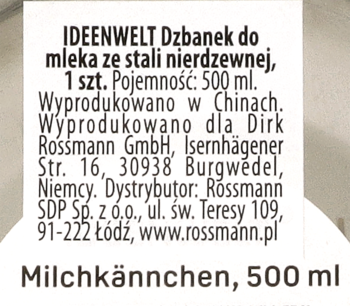 Biała etykieta dzbanka na mleko Ideenwelt ze stali nierdzewnej, 500 ml, z czytelnym czarnym tekstem.