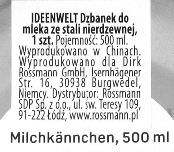 Etykieta produktu IDEENWELT: dzbanek do mleka ze stali nierdzewnej, 500 ml, wyprodukowany dla Rossmann.