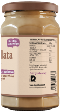 Tył słoika ekologicznego kremu z orzechów laskowych bez oleju palmowego, z etykietą i tabelą wartości odżywczych.