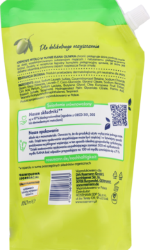Tył zielonego opakowania uzupełniającego mydła ISANA olive 850 ml z kodem, składem i inf. ekologicznymi.
