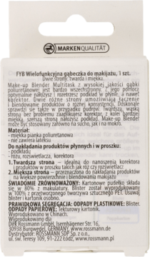 Tył opakowania gąbeczki do makijażu FYB, beżowy karton z polskim tekstem i strzałką otwarcia.
