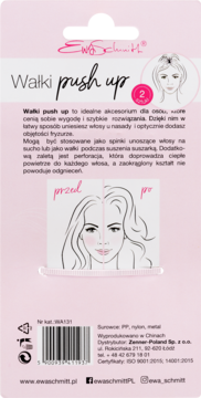 Tylna strona różowego opakowania Ewa Schmitt Wałki push up, z ilustracjami dodającymi włosom objętości.