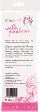 Tył białego opakowania wałków piankowych. Widoczny polski opis cech produktu i kod kreskowy.