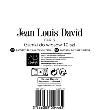 Tył białego opakowania gumek do włosów Jean Louis David 10 szt., z czarnym tekstem, kodem kreskowym i ikonami recyklingu.
