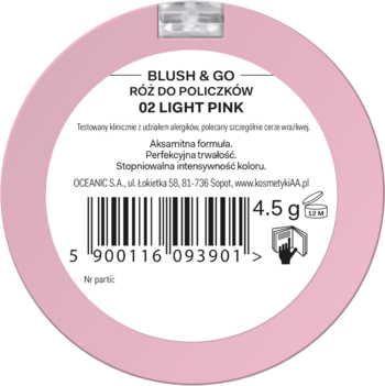 Tył różowego kompaktu Blush & Go 02 Light Pink, różu do policzków, z kodem kreskowym i napisem 4.5 g.