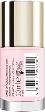 Lakier do paznokci w jasnoróżowej butelce ze złotą nakrętką, tył opakowania z etykietą i kodem.