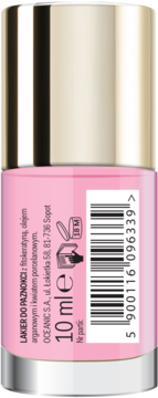 Różowy lakier do paznokci z fitokeratyną i olejem arganowym, tył butelki 10 ml ze złotą nakrętką, widoczny kod kreskowy.