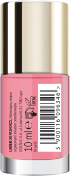 Różowy lakier do paznokci Oceanic 10 ml z fitokeratyną i olejem arganowym, widok tyłu butelki.