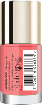 Brzoskwiniowy lakier do paznokci z fitokeratyną i olejem arganowym, tył opakowania z kodem kreskowym, butelka 10 ml.