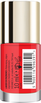 Tył czerwonego lakieru do paznokci z etykietą, kodem kreskowym i napisem 10ml, złota nakrętka.