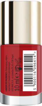 Czerwony lakier do paznokci Oceanic z fitokeratyną, tył butelki 10ml ze złotą nakrętką.