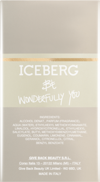 Tył beżowego opakowania wody toaletowej Iceberg Be Wonderfully You, z widoczną listą składników.