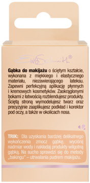 Tył beżowego opakowania gąbki do makijażu o ściętym kształcie, z opisem użycia, bez lateksu.