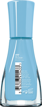 Tył butelki szybko schnącego lakieru Sally Hansen Insta-Dri, 489 Up In the Clouds, z widocznym kodem kreskowym.