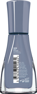 Tył butelki szaroniebieskiego lakieru Sally Hansen Insta-Dri 508 Slow M-Ocean. Widoczna etykieta z kodem kreskowym.