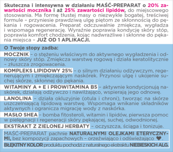Tekst z ulotki: maść do stóp Kuracja z mocznikiem 20% mocznika, 25% lipidów. Biało-niebieskie tło.