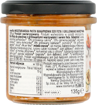enerBio pasta kanapkowa ser feta, tył słoika 135g. Etykieta z wartościami odżywczymi i składem.