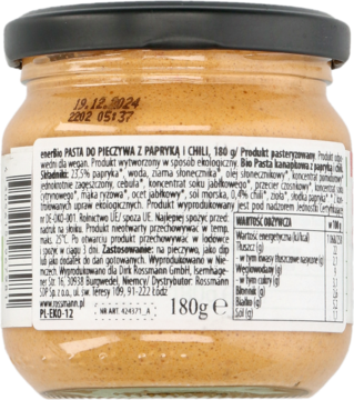 Tył słoika wegańskiej pasty evertie z papryką i chilli 180g, z etykietą pokazującą skład i datę ważności.