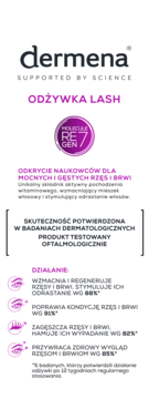 Biała etykieta Dermena ODŻYWKA LASH, widok z przodu. Tekst o mocnych rzęsach i logo RE7 GEN.