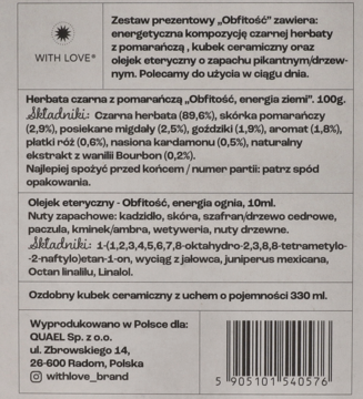 Tył białej etykiety zestawu prezentowego Obfitość (herbata, olejek, kubek). Widoczne składniki i kod kreskowy.
