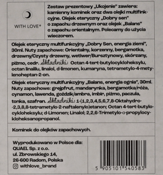 Tył beżowego opakowania zestawu prezentowego 'Ukojenie', z opisami dwóch olejków eterycznych i składnikami.