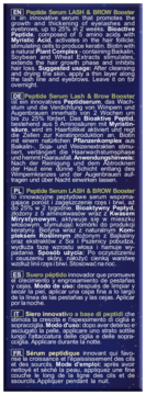 Upright dark blue Peptide Serum LASH & BROW Booster, front view, for lash and brow growth, with multilingual label.
