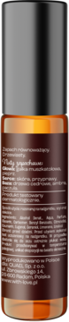 Tył brązowego rollera With Love 'Ochrona / Energia ziemi', etykieta z nutami: cedr, ambra, paczula.