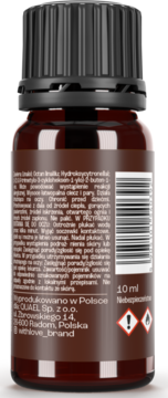 Brązowa szklana butelka 10ml z czarną nakrętką, tył z etykietą ostrzegawczą i danymi producenta QUAEL, Polska.
