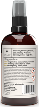 With LOVE perfumy cytrusowo-drzewne, brązowa butelka z atomizerem, widok z tyłu z nutami zapachowymi.